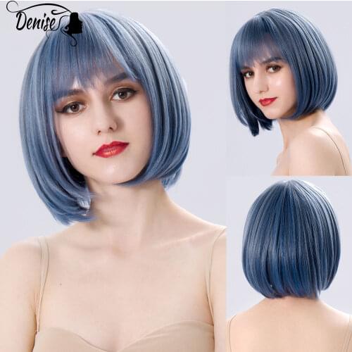 Short Straight Blue Natural Daily Colored Hair Synthetic Wigs For White Women With Bangs Heat Resistant Cosplay Fiber Bob Wig