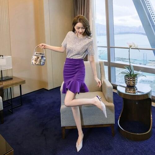 New arrival temperament 2 pieces set elegant shining Sequin t-shirt and slim mini pencil skirt fashion high quality women set