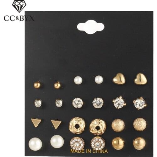 CC Stud Earring For Women 12pcs sets Stainless Steel Earrings Ball Beads Heart Shape Simple Crystal Bijoux Dropshipping YH175