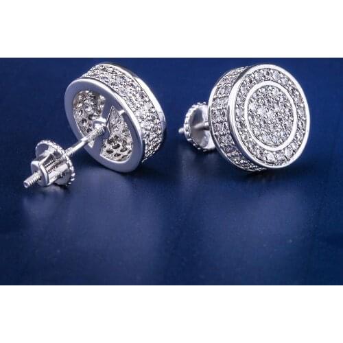 DNSCHIC White Gold Iced out Stud Earrings for Men Round Shape Hip Hop Jewelry Punk Streetwear Earrings with CZ