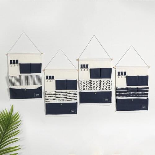 Blue 6 Pockets Wall Hanging Storage Bags Cotton Linen Door Organizer Waterproof Pouch Bedroom Home Wall Decoration