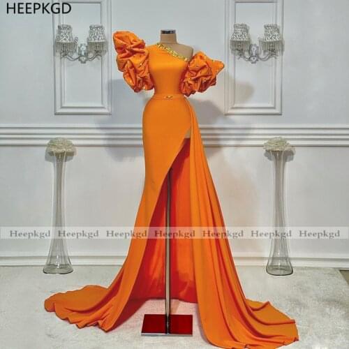 Sexy Orange Long 2021 Evening Dress High Slit One Shoulder Crystals Satin Black Girls Pageant Party Dresses Maxi Evening Gowns