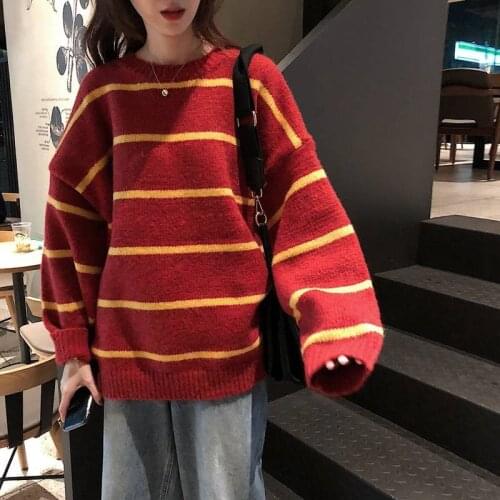 Red Striped Women Ulzzang Vintage Loose Sweater Female Korean Oversized Harajuku Clothing Casual High Street Sweater Streetwear