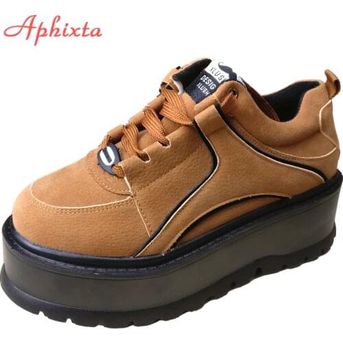 Aphixta Women Platform Ankle Boots Shoes Women Boots High Quality Height Increasing Ladies Shoes Cow Suede Lace-up Botas Mujer