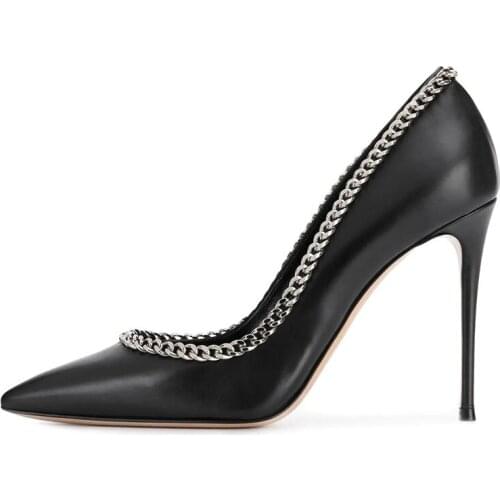 Black Pointed toe High Heels Cool Girl Chain Pumps Sexy Womens Stiletto High Heels Punk Rock Girl Shoes Plus Size 34-45
