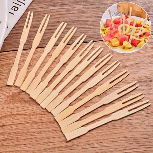 100Pcs Disposable Bamboo Catering Forks Fruit Stick Finger Food Pick Forks Beige Cocktail Sticks Party Dessert Utensil