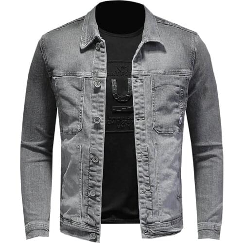 2021 Fashion Mens Denim Jackets Slim Fit Mens Gray Jeans Jacket Cotton Outwear Coat Long Sleeve Male Clothing Size M-5XL