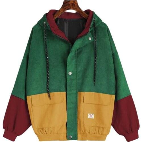 AECU11 Jacket Women Warm Block Hooded Corduroy Jacket Drawstring Hit Color Patched Pocket Thick Basic Women Coat Harajuku