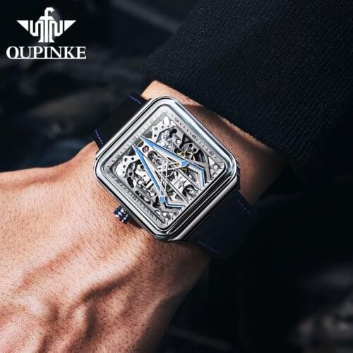 OUPINKE Watch Men Automatic Skeleton Mechanical Watch Steampunk Sapphire glass Square Leather Transparent sports Wristwatch