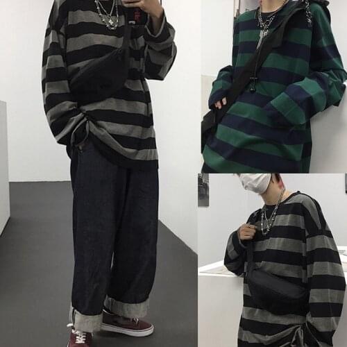 Harajuku Oversized High Street Stripe T-shirt long sleeves vintage style All-match fashion Unisex clothes Japanese Streetwear