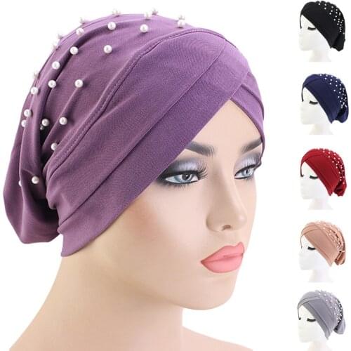 Indian Muslim Women Elastic Turban Hat Chemo Cap Beads Head Wrap Scarf Hair Loss Islamic Bandana Headwear Beanie Bonnet Cover