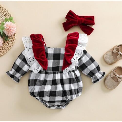 FOCUSNORM 2pcs Lovely Baby Girls Boys Romper Headband 0-18M Plaid Printed Lace Velvet Ruffles Long Sleeve Jumpsuits