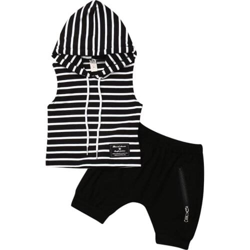 New Summer Fashion Boys Infant Clothes Sets Striped Sleeveless Hooded Vest+Black Pants
