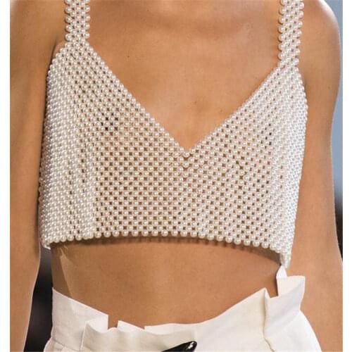 Fashion Women Pearl Crop Top V Neck White Black Chic Cropped Top Tank spaghetti strap top