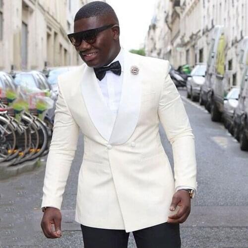 Custom Made Ivory Wedding Suits for Men Suits Blazers Jacket Man Blazers Groom Tuxedos White Shawl Lapel 3 Pieces Costume Homme