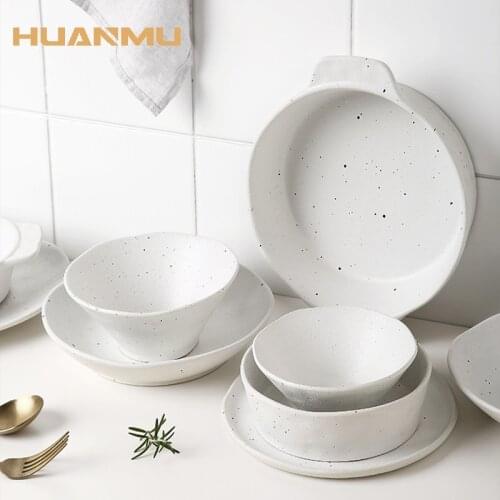 Ceramic Dinnerware Set White Dot Simple Stroke Ceramic Dinner Plate Set Steak Tableware Rice Soup Bowl Baking Dish Home Decor