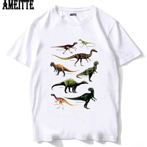 New Summer Men Short Sleeve Dinosaur Species Vintage 80s Dino Travel T-Shirt Funny Hip Hop Boy Casual Tops Man White Tees
