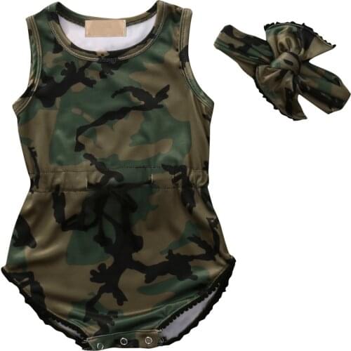 Summer Adorable Baby Girls Bodysuits Infant Baby Girls Camo Sleeveless Bodysuit Jumpsuit Headband 2Pcs Clothes Outfits Sets