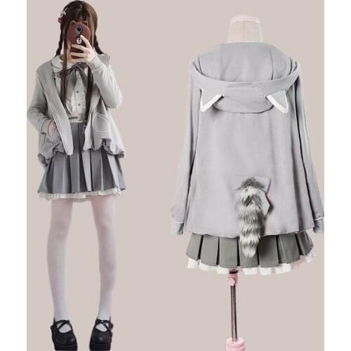 Autumn Winter Japanese College Daily Sweet Lolita Set Cute Raccoon Coat+shirt+skirt Kawaii Girl Three Pieces Set Loli Cosplay