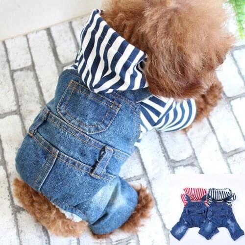 Stripe Denim Pet Puppy Jumpsuit Hoodie Pants Dog Clothing Spring Summer Jeans Four Foot Dogs Clothes Apparel Strap Size XS-XXL