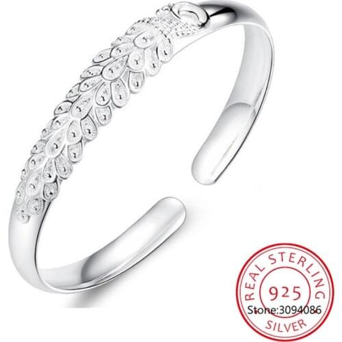 925 Sterling Silver Peacock Charm Open Cuff Bracelet &Bangle For Women Fashion Elegant Jewelry Pulseiras Mujer