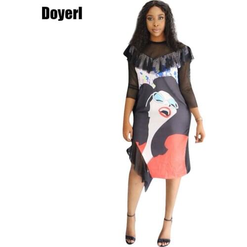 Ruffle Mesh Patchwork Black T Shirt Dress Women Fall Half Sleeve Character Printed Bodycon Dress Elegant Casual Party Dresses
