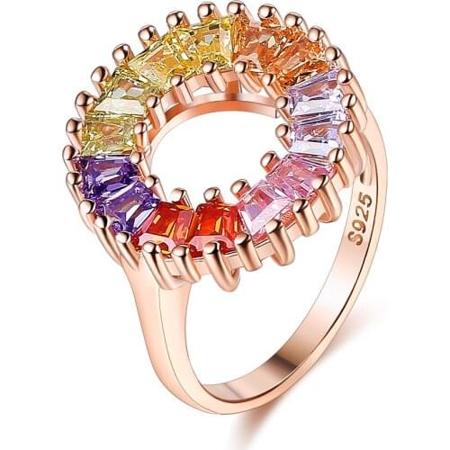 SILVERHOO 925 Sterling Silver Rainbow Rings For Women Authentic Wedding Ring Colorful Cubic Zirconia Circle Setting Fine Jewelry