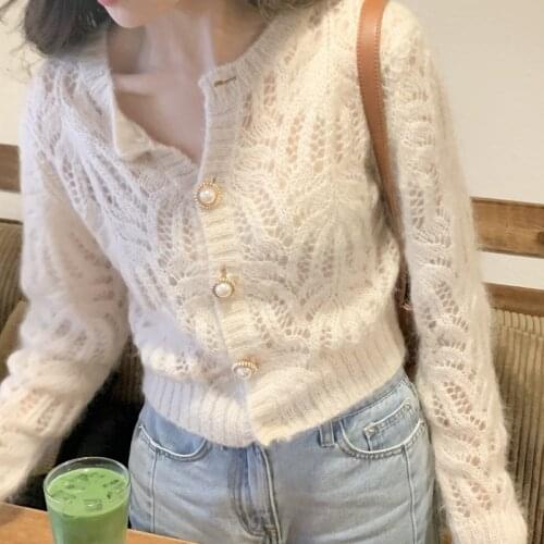 Thin Hollow Out Knit Sweater Cardigan 2021 New Autumn Loose Small Fragrance Long Sleeve Single Breasted Short Style Jacket Tops
