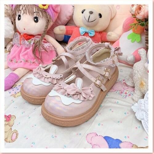 Apanzu Lolita Shoes Japanese Rabbit Ears Sweet Bow Mary Jane Shoes Anime JK Women Ruffles Lace Round Head Kawaii Leather Shoes