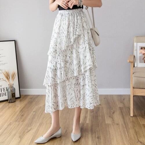 U-SWEAR Women Chiffon Floral Ruffled Cake Skirt Long 2020 Summer New Elastic Waist Chiffon Skirts Female Harajuku Skirt