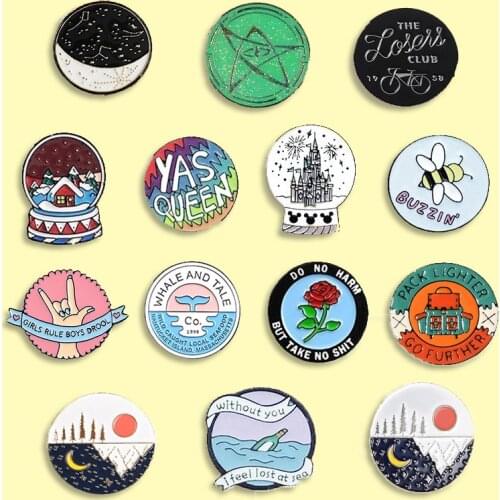 14 styles Round Badge Enamel Pin Ocean Nature Star Castle Brooches Backpack Clothes Fashion Jewelry Gift for Friends Kids