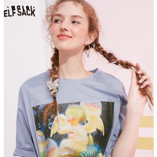 ELELFSACK x Victor Nizovtsev Bronzing Print Casual T-Shirts Women Top 2021 Summer Angel Korean Ladies Basic Daily Graphic Tee