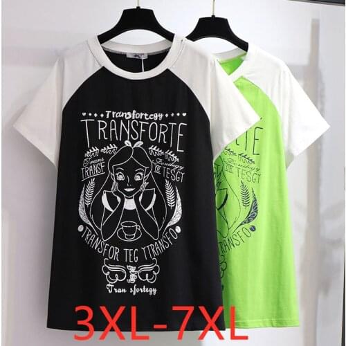 New 2021 summer plus size tops for women large loose short sleeve black green cotton cartoon print T-shirt 3XL 4XL 5XL 6XL 7XL