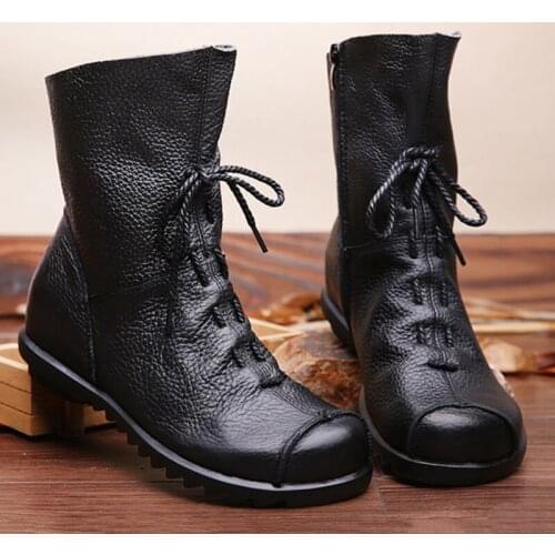 Vintage Style Genuine Leather Women Boots Flat Booties Soft Cowhide Womens Shoes Front Zip Ankle Boots zapatos mujer 2020