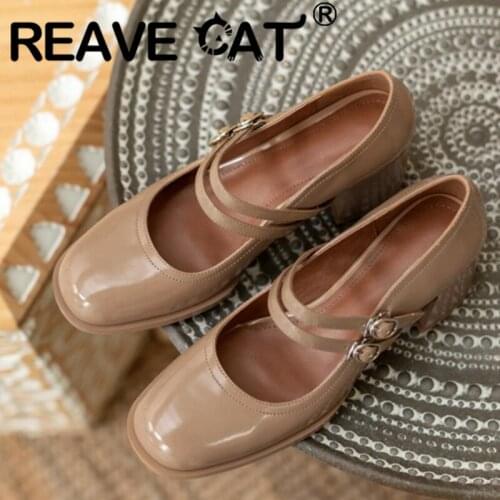 REAVE CAT 2021 Retro Concise Pumps Leather Round Toe Mary Janes Buckle Strap 6.5cm Chunky Heel Shoes US8 9 Apricot Black A4269