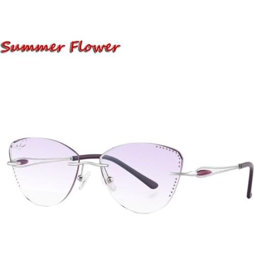 Cat Eye Prescription Glasses for Women Rhinestone Gradient Colored Lenses Rimless Frame