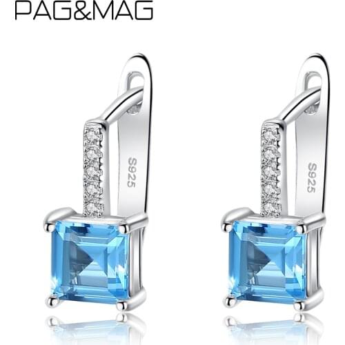 PAG&MAG Created Blue Gemstone Clip On Earrings SE9108 Real Sterling Silver 925 Topaz Earrings For Women Clip Ear Jewelry SE9108