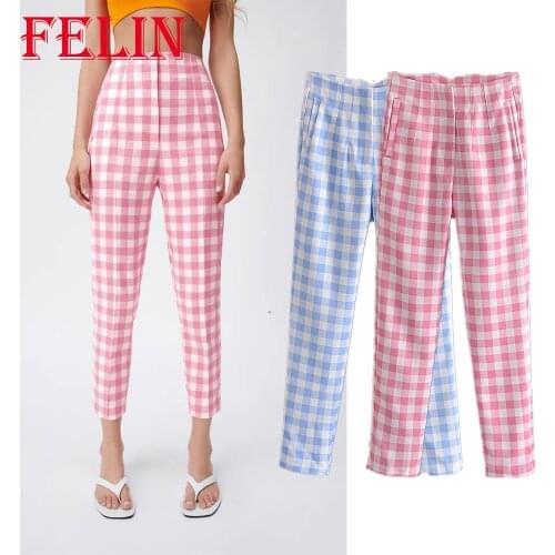 Za 2021 Vintage Plaid Print Women Pants High Waist Straight England Style Trousers Stylish Women Pants