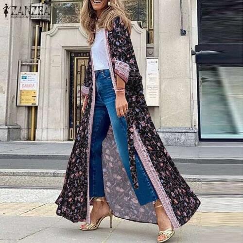 Women Kinomo Cardigan ZANZEA Bohemian Floral Print Beach Cover Up Summer Long Sleeve Open Front Holiday Long Blouse Loose Shirt