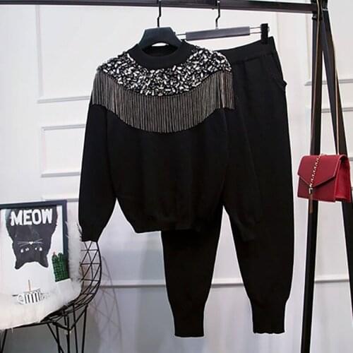 Black Loose Casual Sets Diamond Chain Tassel Women O Neck Long Sleeve Knitwear Pullover Pencil Pants Knitted Tracksuit Outfits
