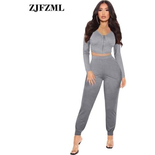 Autumn Winter 2 Two Piece Matching Set Womens Sport Suit Zipper Front Long Sleeve Crop Top and Jogger Sweatpant Co Ord Outfit