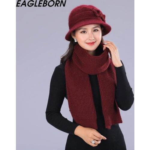 New Women Hat Scarf Set Winter Mom Hat and Scarf Set for Women Rabbit Fur Hat Fending Luxury Winter Knitted Women Bucket HatWarm