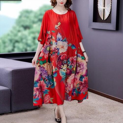 2021 Summer New Fashion Retro Flower Printed Silk Dress Loose Comfortable Long Plus Size Dresses for Women Party Vestidos