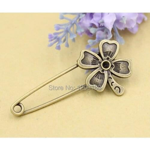 10pcs/lot Alloy Antique Bronze Vintage Flower Brooch Safety Pins For Garment Accessories Scarf Clip pins Length:56mm (K02073)