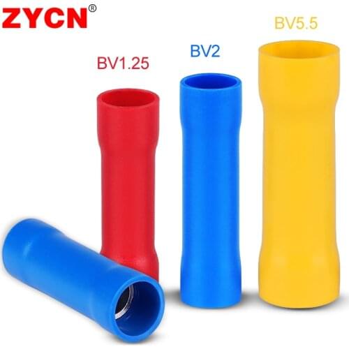 100Pcs BV1.25 BV2 BV5.5 Full Insulated Straight Wire Electrical Crimp Terminals Splice Cold Press Cable Butt Connector BV8/14/22