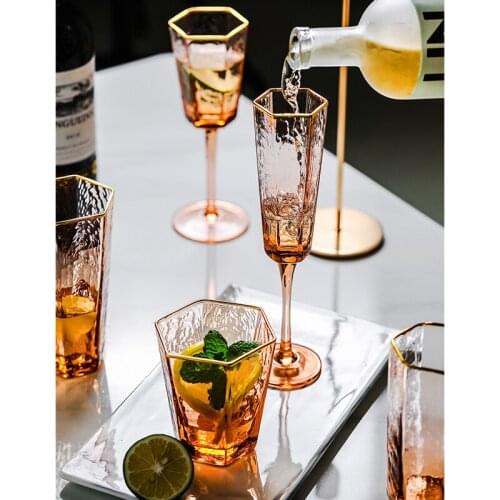 Nordic Hexagonal Hammer Stripe Gold-Rimmed Crystal Wine Glass Champagne Cup Goblets Whiskey Party Drinkware