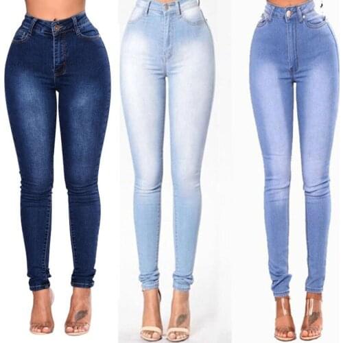 High-waisted straight jeans Fashion womens high-waisted stretch skinny jeans Washed denim denim long pencil pants 5 colors