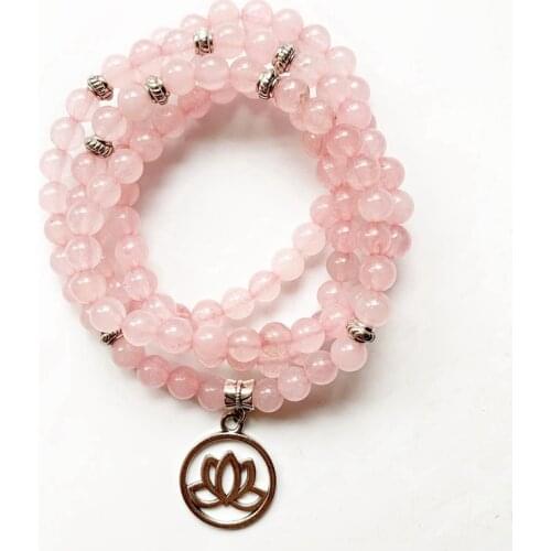 Natural Rose Quartz Stone Prayer Beads Mala 108 Beads Bracelet Pink Crystal Lotus Om Earth Sun Star Pendant Beads 6mm Craft 1pc