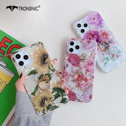 Daisy Flowers Diamond Ring Phone Case for iPhone 12 Mini Pro Max Soft Luxury Conch Shell Buckle Case for iPhone 12 Pro Max Cover