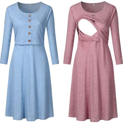 Women Pregnant Maternity Nursing Dot Breastfeeding Lactation dress round neck long sleeve maternity dress buttons embellished la